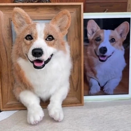 Custom needle felted wool pet portrait in a wooden frame, head and paws