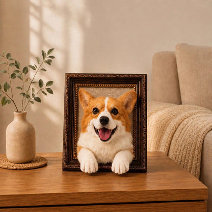 Custom needle felted wool pet portrait in a wooden frame, head and paws