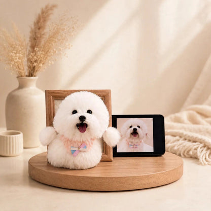 Custom needle felted wool pet portrait in a wooden frame, head and paws