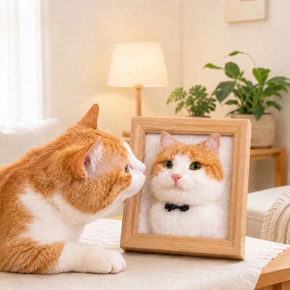 Custom needle felted wool pet portrait in a wooden frame, head and paws