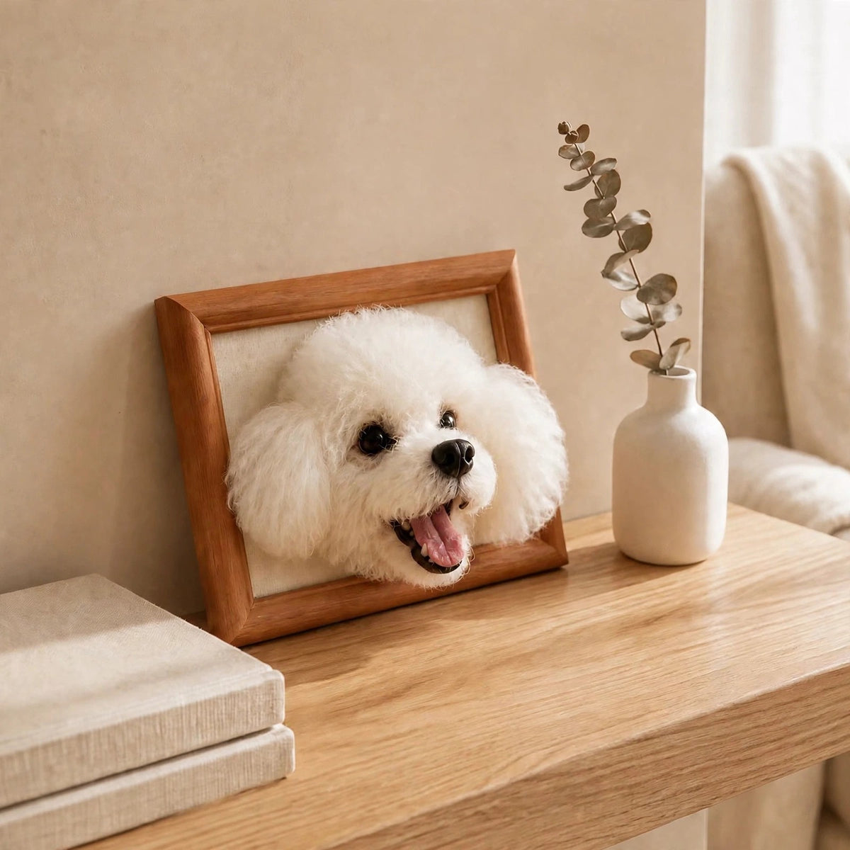 Custom needle felted wool pet portrait in a wooden frame, head and paws