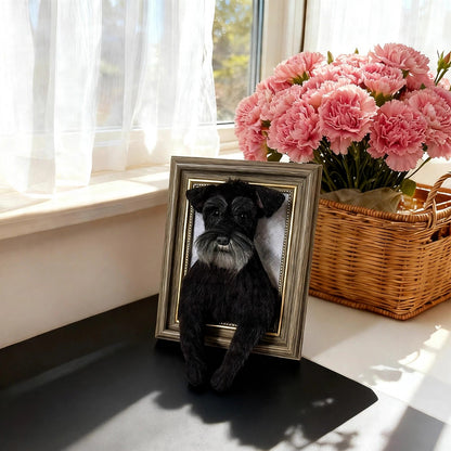 Custom needle felted wool pet portrait in a wooden frame, head and paws