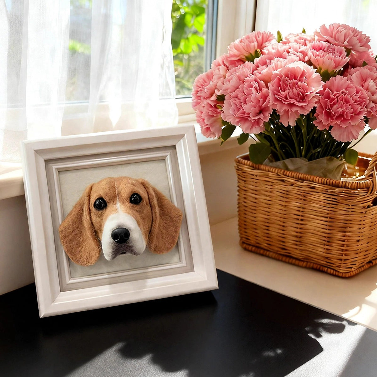 Custom needle felted wool pet portrait in a wooden frame, head and paws