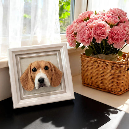 Custom needle felted wool pet portrait in a wooden frame, head and paws