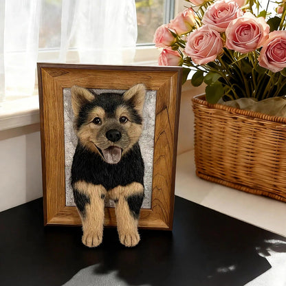 Custom needle felted wool pet portrait in a wooden frame, head and paws